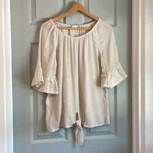 Cure. L Beige Poly Rayon Sheer Lace Trumpet Sleeve Wide Neck Front Tie Blouse